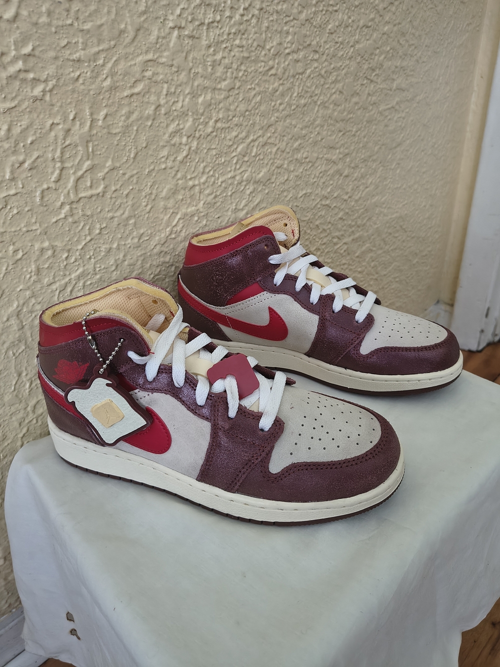 Kids Jordon 1 Mid-Top Coconut Milk Sneakers in Maroon, Cream and Red